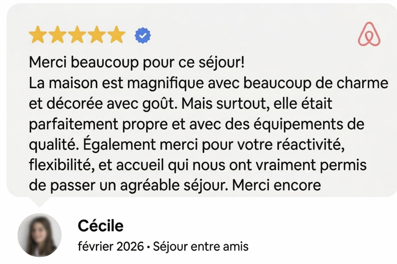 Avis 5 étoiles de Cécile sur Airbnb